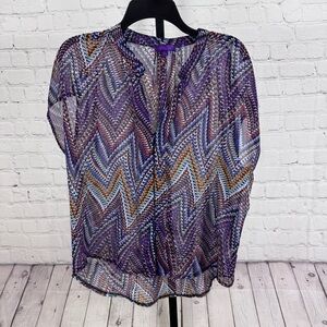 Hale Bob Chevron Mixed Media Colorful Sheer Button Down Top Size Medium